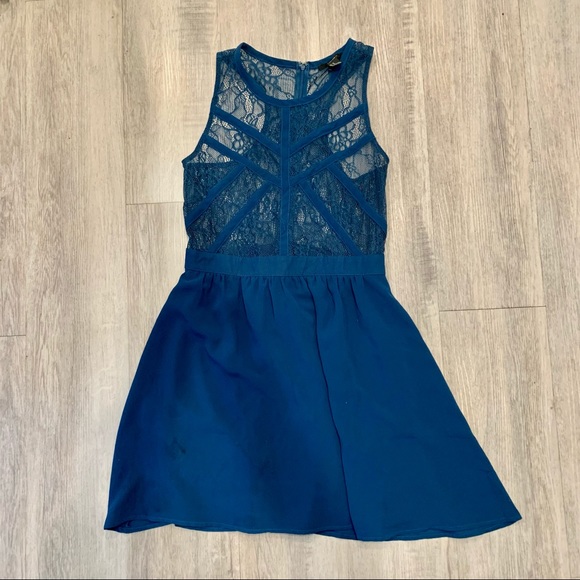 🔥 Forever 21 Dark Teal Blue Lace Dress M - Picture 1 of 8